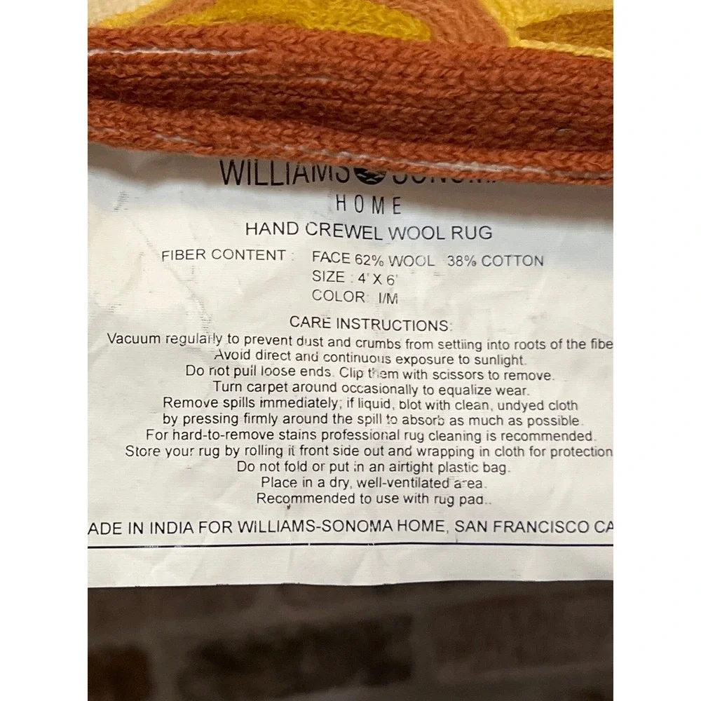 Williams Sonoma Hand Crewel Wool Rug Floral Accent Rug 4' x‎ 6'